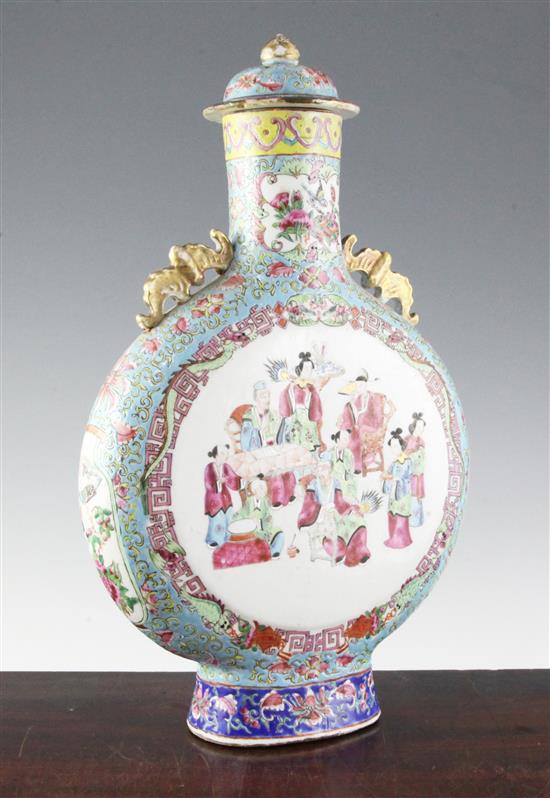 A large Chinese Canton-decorated famille rose moon flask and cover, 19th century, 44cm, restoration